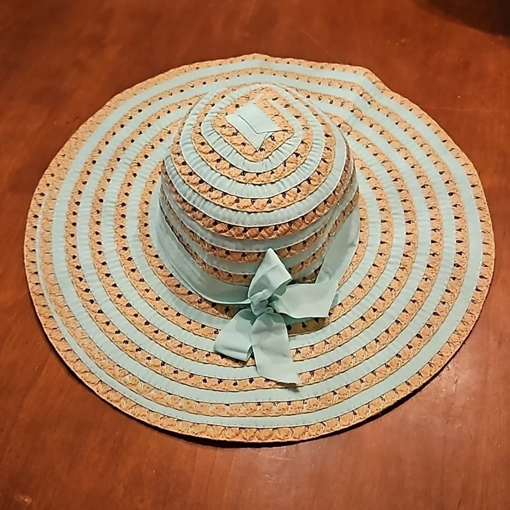 CHATTIES Mint Ribbon Striped Straw Floppy Wide Brim Hat